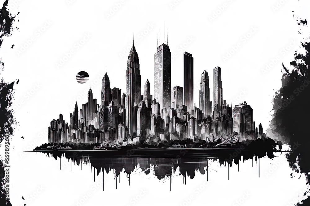City skyline sketch illustration in black and white. Generative AI