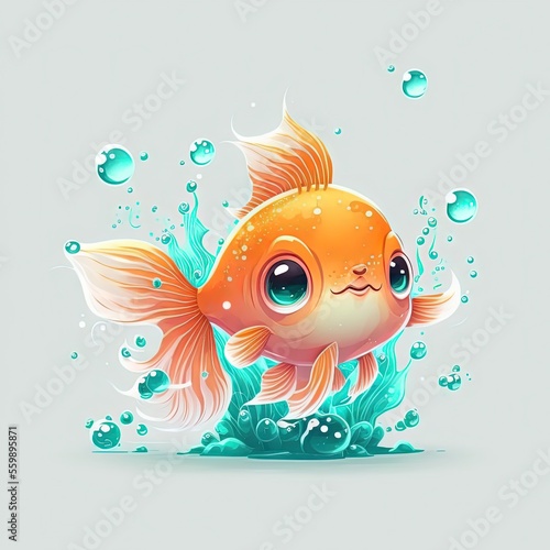  illustration cute clip art child-like design, adorable gold fish with air bubbles