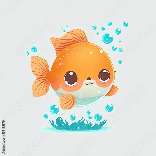  illustration cute clip art child-like design  adorable gold fish with air bubbles