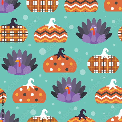 Happy Thanksgiving Day - pumpkins and turkey vector seamless pattern 
