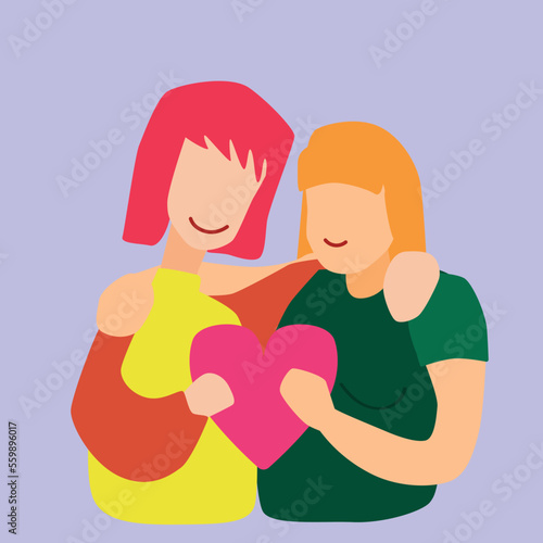 lesbian couple in love with pink heart. Saint Valentine's day vector illustration. Women hugging flat simple style