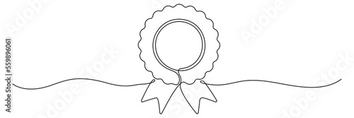 Award win ribbon continuous line art drawn. Certificate badge contour line. Vector illustration isolated on white.