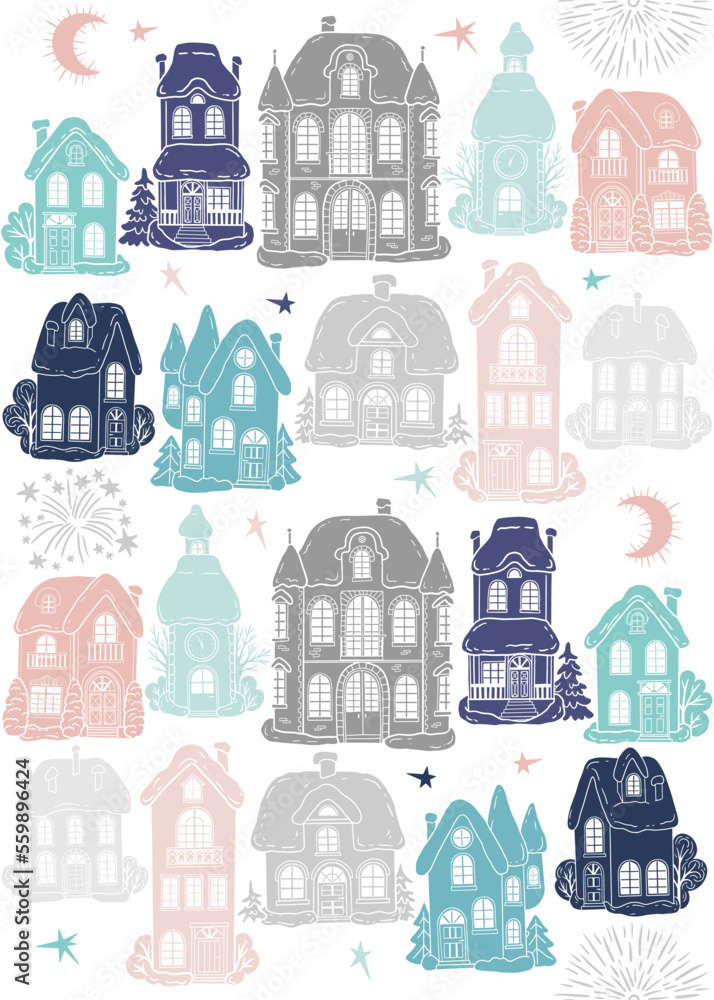 Christmas theme vector seamless pattern with winter houses, fireworks and stars. Vector hand drawn illustrations
