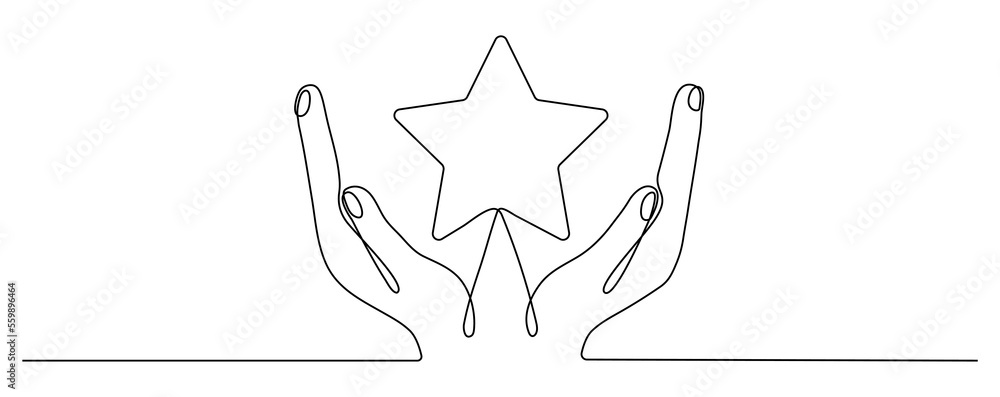 Hand holds star continuous line drawing. Human arms palms. Vector illustration isolated on white. Hand holds star continuous line drawing. Human arms palms. Vector illustration isolated on white.