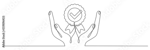 Hands hold award badge continuous line drawing. Approval check sign. Vector illustration isolated on white.