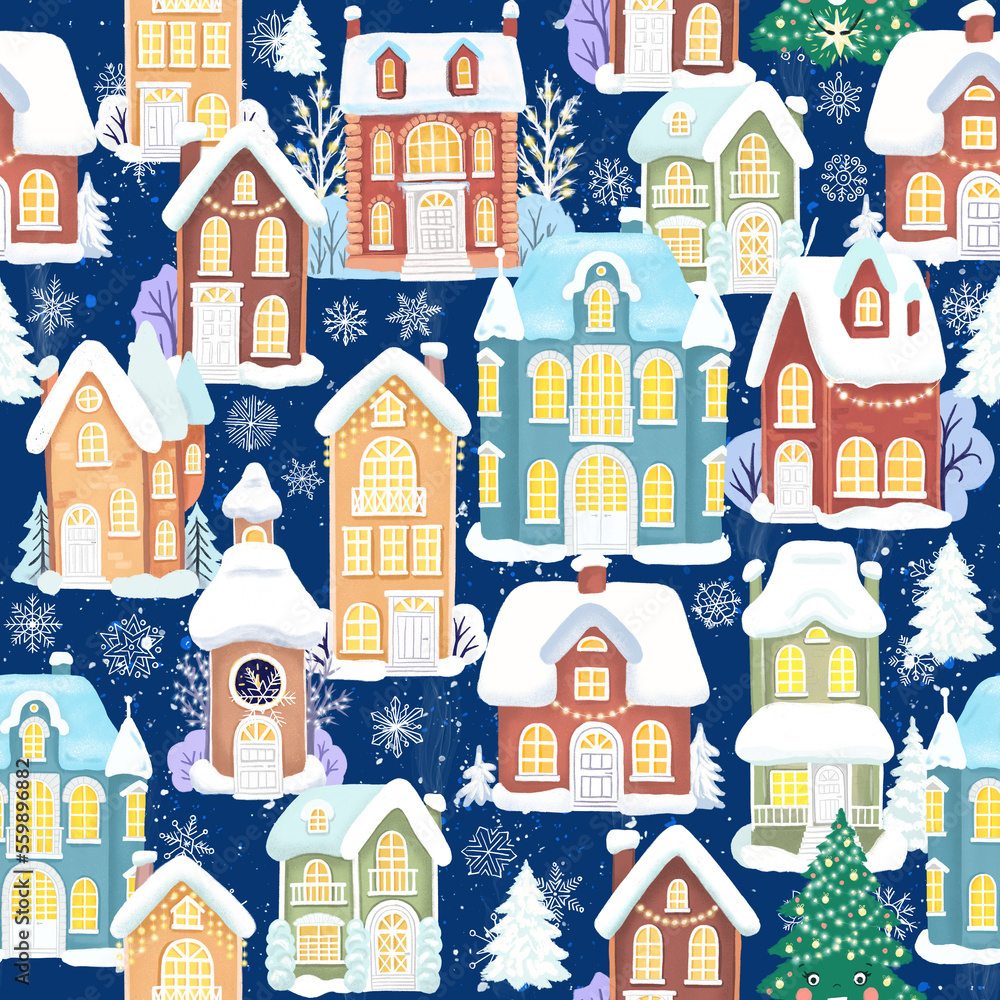 Little town landscapes in winter. Seamless pattern with digital illustration ornament