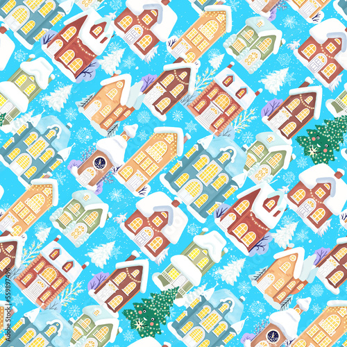Small town in winter. Ornament with Hand drawn digital illustrations of victorian houses and snowflakes on light blue background. Seamless pattern