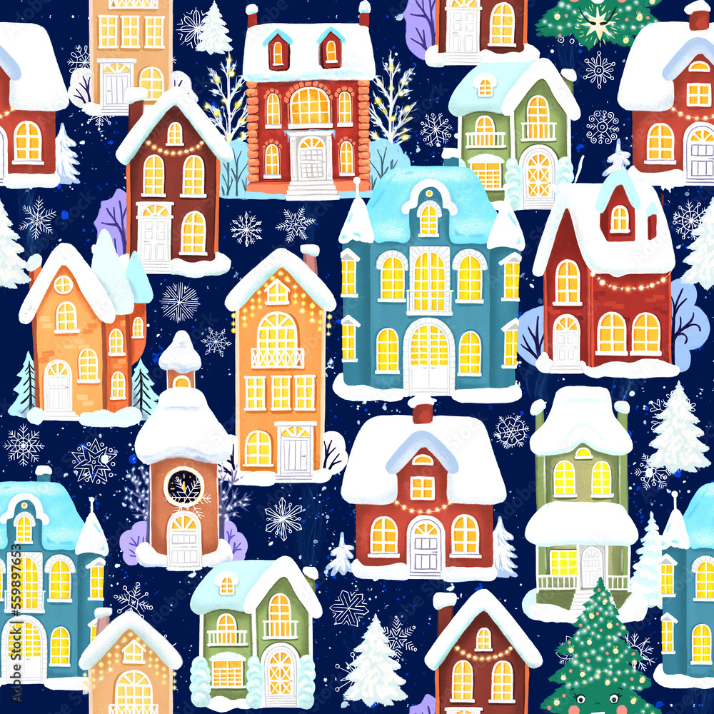 Winter town with victorian houses. Christmas theme hand drawn digital illustrations. Seamless pattern