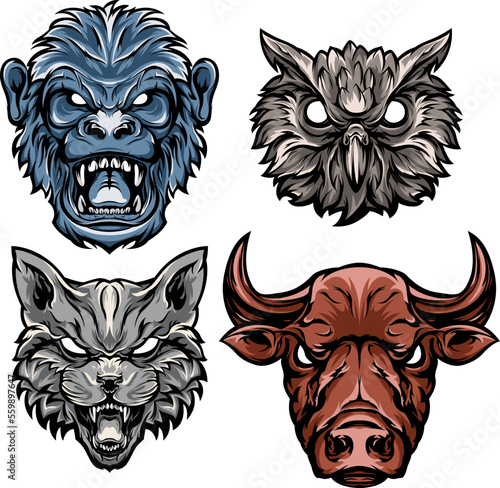 Hand drawn stilized face of monkey, owl, cat, bull. Illustration mascot art set. photo