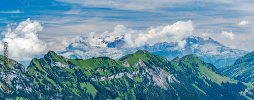 Switzerland 2022, Beautiful view of the Alps from Niederbauen. Panorama.