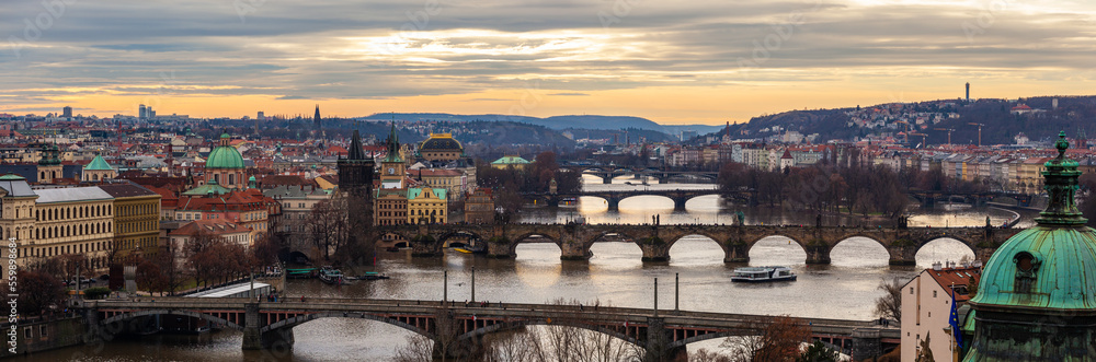 Skyline of Prague bridges and historic center in autumn. View from Letna Park on the historic city center of Prague and on the Charles Bridge.
