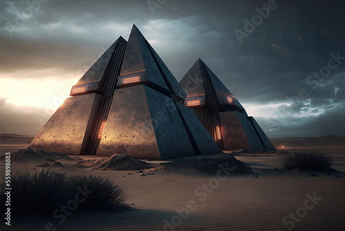 Sci-fi space background with pyramid. Science and technology platform on a galactic planet  stars  nebulae  night view  space. Ancient Egyptian pyramid  architecture  neon light. AI