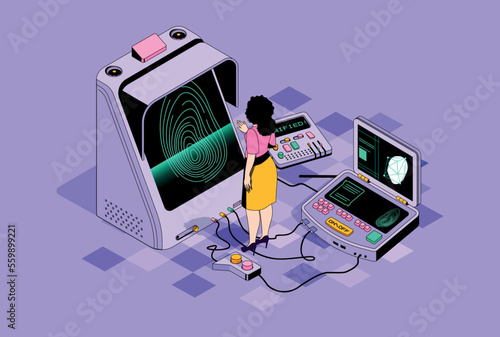 Biometric control concept in 3d isometric design. Woman uses secure access with fingerprint scanning and face recognition identification. Vector isometry illustration with people scene for web graphic