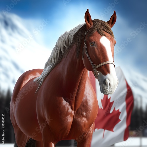 brown horse with canadian fal snowing mountains in winter with a white mane