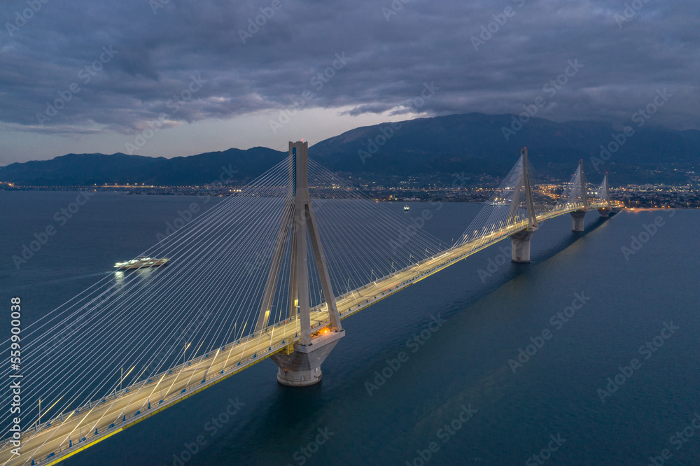Obraz premium The Rio-Antirrio Bridge, officially the Charilaos Trikoupis Bridge, longest multi-span cable-stayed bridges and longest of the fully suspended type, Greece
