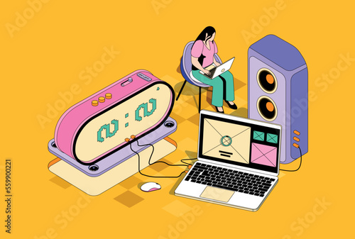 Freelance working concept in 3d isometric design. Woman working on project using laptop, doing tasks remotely, communicating online. Vector isometry illustration with people scene for web graphic