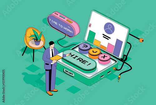 HR process concept in 3d isometric design. Man choosing online resume of best candidates and applicants at interview. Human resources. Vector isometry illustration with people scene for web graphic