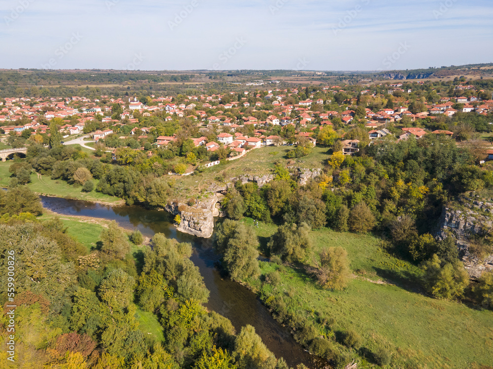 Obraz premium Aerial view of Vit river, passing near village of Aglen, Bulgaria