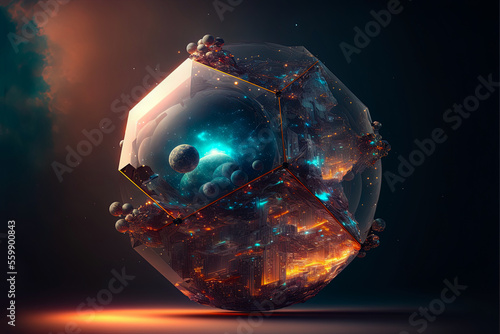 Polygonal glass space ball. Space capsule with nebula and stars, neon light. AI