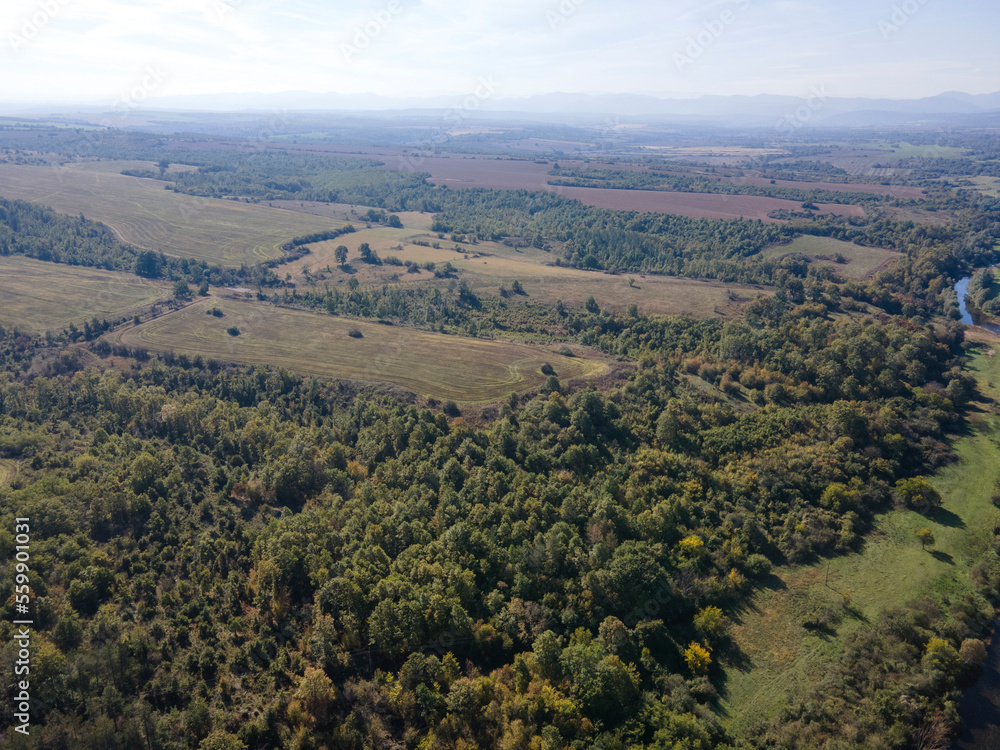 Fototapeta premium Aerial view of Vit river, passing near village of Aglen, Bulgaria
