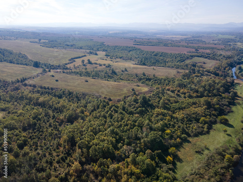 Aerial view of Vit river, passing near village of Aglen, Bulgaria