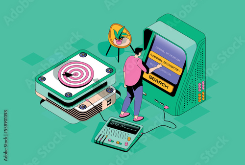 Seo optimization concept in 3d isometric design. Man analyzing data and keywords, settings and optimizes site for popular search queries. Vector isometry illustration with people scene for web graphic