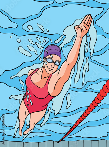 Swimming Sports Colored Cartoon Illustration
