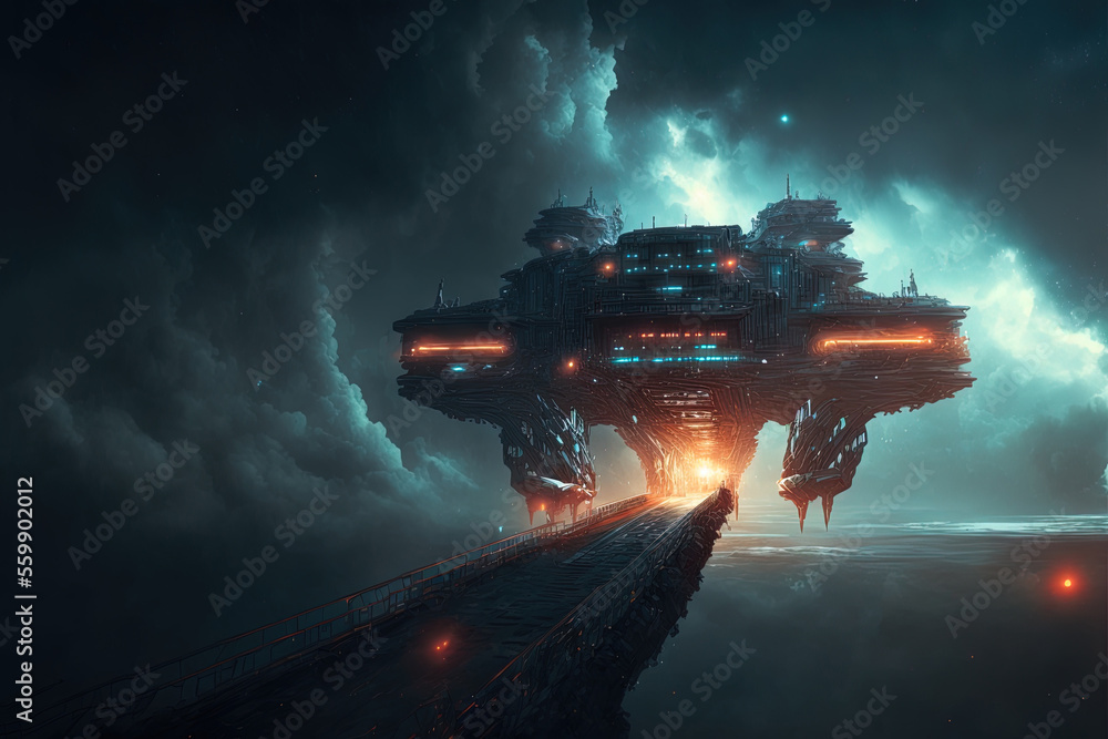Sci-fi space background with giant platform. Science and technology platform on a galactic planet, stars, nebulae, night view, space. Scientific space architecture, neon light. AI