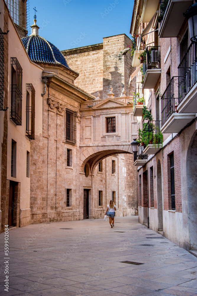 Streets, squares and historical buildings in the old city of Valencia, Spain