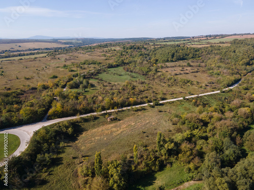 Aerial view of Vit river, passing near village of Aglen, Bulgaria