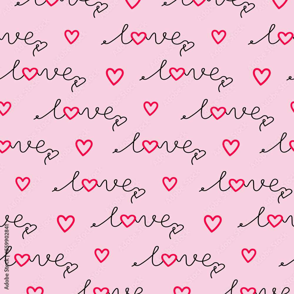 Seamless pattern with the inscription love on a pink background with hearts. Festive vector illustration. A handwritten word in a pattern. Template for packaging, fabrics.