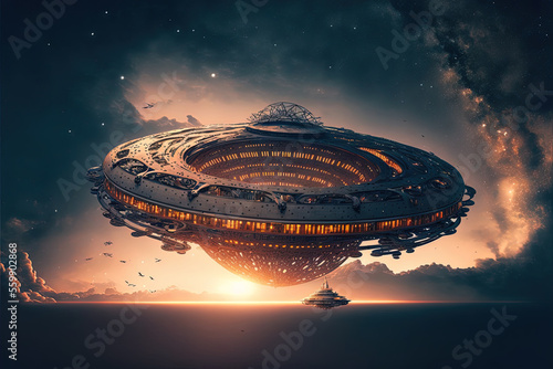 Fototapeta Naklejka Na Ścianę i Meble -  Intergalactic station, disk-shaped space platform. Science and technology platform on a galactic planet, stars, nebulae, night view, space. Scientific space architecture, neon light. AI
