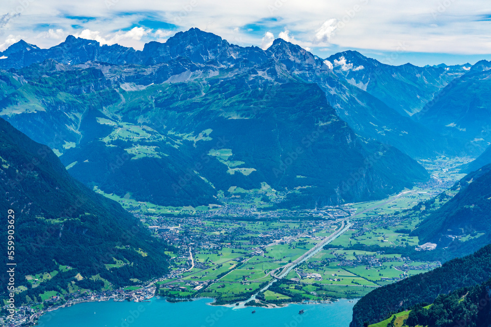 Switzerland 2022, Beautiful view of the Alps from Niederbauen. Fluelen and Altdorf.
