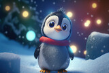 Cute baby penguin with red scarf 3D render in snow, Generative AI