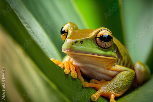 Indonesian tree frog rhacophorus dulitensis, sometimes known as the jade tree frog, in close up on green foliage. Generative AI
