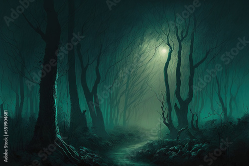 Use digital painting blurring methods to depict a haunted woodland on a dark night. Generative AI