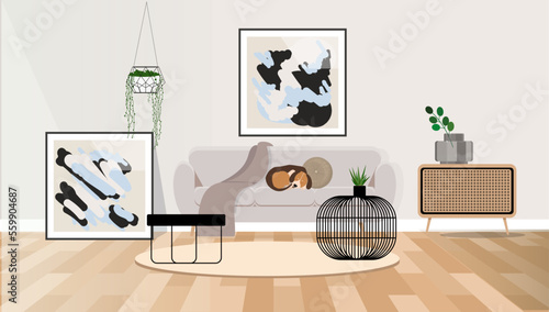 Stylish and scandinavian living room interior of modern apartment with gray sofa, abstract paintings on the wall. 