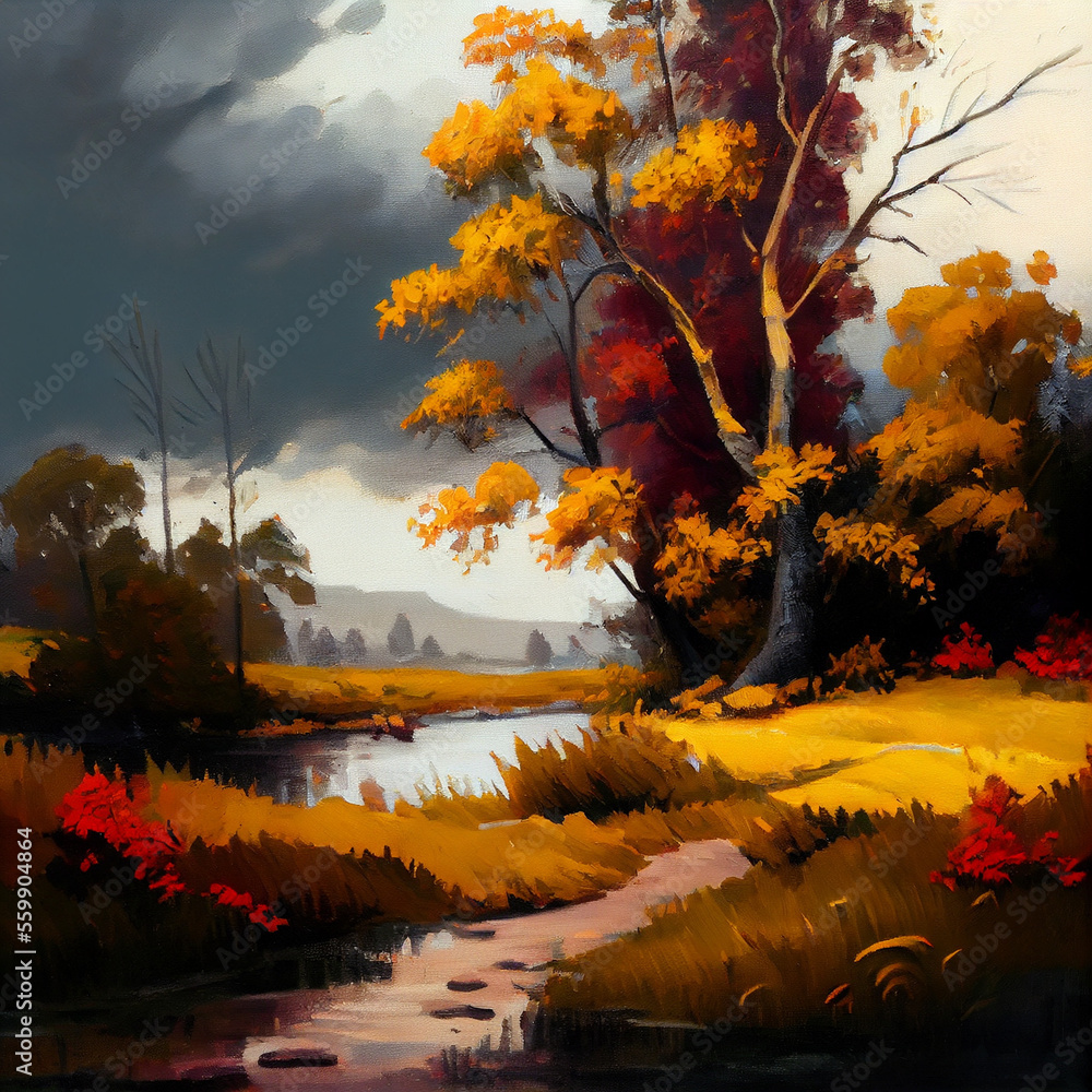 A picturesque autumn landscape. illustration .Generative Ai