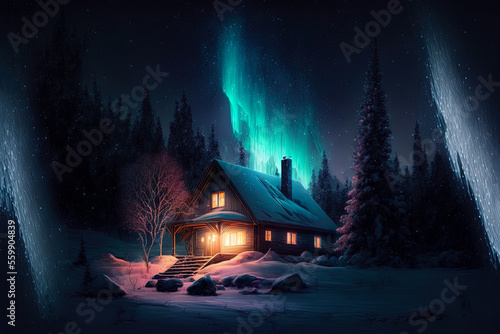 Northern lights at the edge of the north. A small house in the forest with a view of the bright northern lights. Winter night forest landscape, neon light, sunset, glow. AI