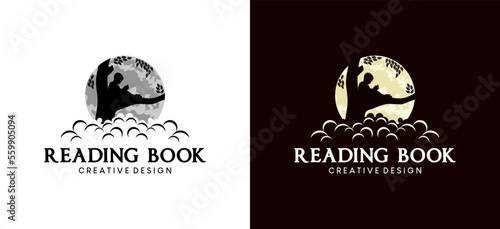 Children reading book on tree with moon background for education logo design
