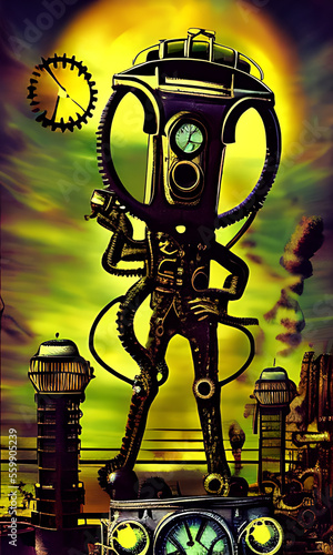 : Generative AI, weirdcore based vivid impact images depicting steampunk and clockpunk retro styled sci fi scenes
 photo