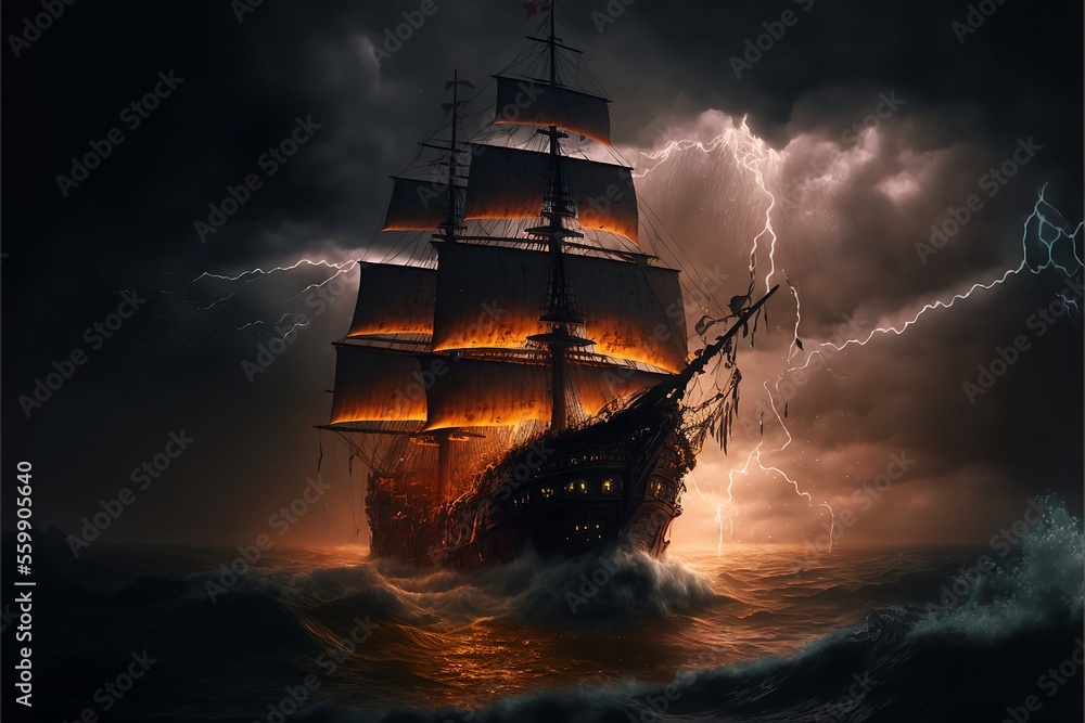 Pirate Ship in a Stormy Ocean with Lightning at Night - Horror-Inspired Illustration Generated by Artificial Intelligence