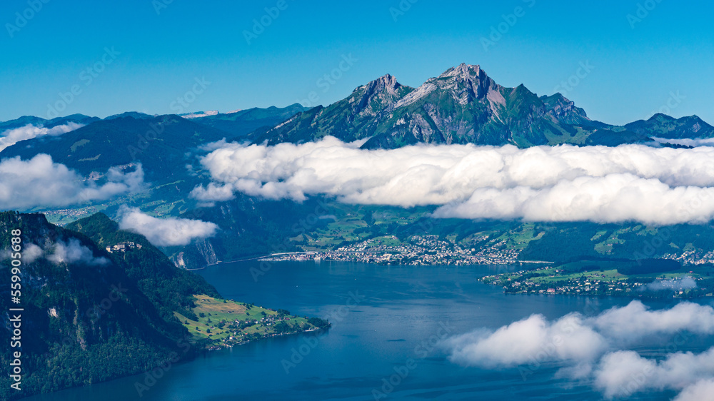 Switzerland 2022, Beautiful view of the Alps. Pilatus and Burgenstock.