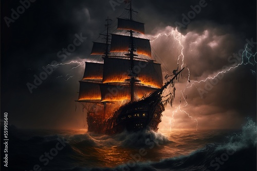 Pirate Ship in a Stormy Ocean with Lightning at Night - Horror-Inspired Illustration Generated by Artificial Intelligence