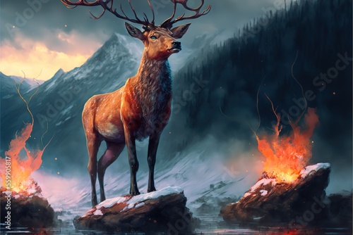 Deer on the background of fire