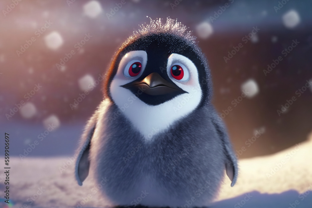Cute baby penguin 3D render with red eyes in snow, Generative AI
