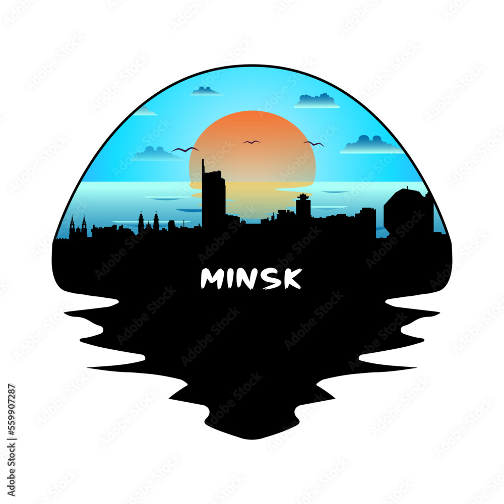 Minsk Belarus Skyline Silhouette Retro Vintage Sunset Minsk Lover Travel Souvenir Sticker Vector Illustration SVG EPS