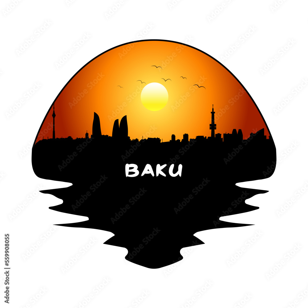 Baku Azerbaijan Skyline Silhouette Retro Vintage Sunset Baku Lover Travel Souvenir Sticker Vector Illustration SVG EPS