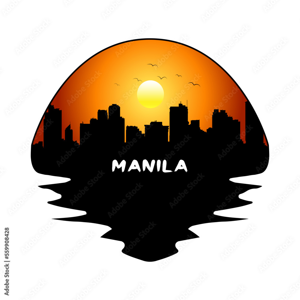 Manila Philippines Skyline Silhouette Retro Vintage Sunset Manila Lover Travel Souvenir Sticker Vector Illustration SVG EPS