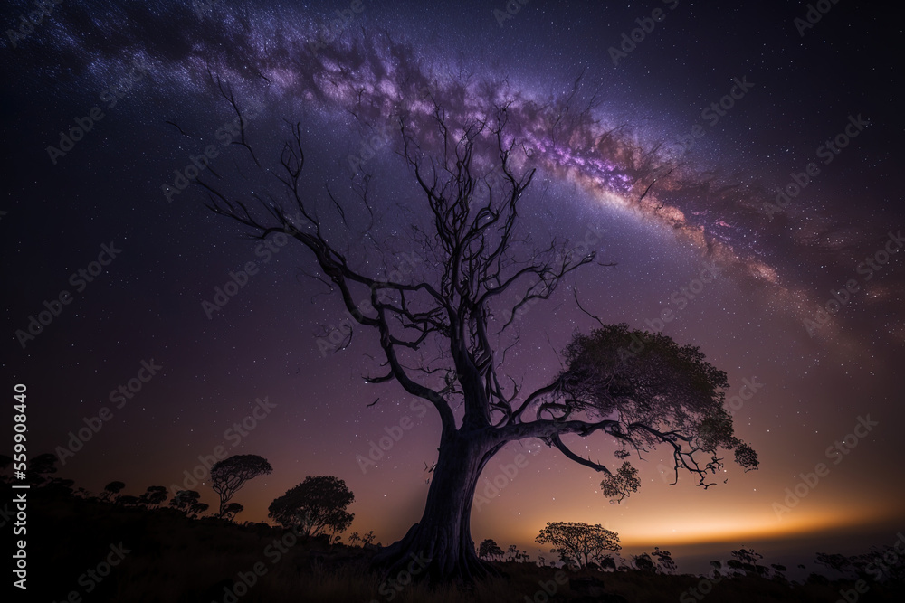 Tree and Milky Way silhouette at Phu Hin Rong kla National Park Thailand's phitsanulok. Generative AI Tree and Milky Way silhouette at Phu Hin Rong kla National Park Thailand's phitsanulok. Generative AI